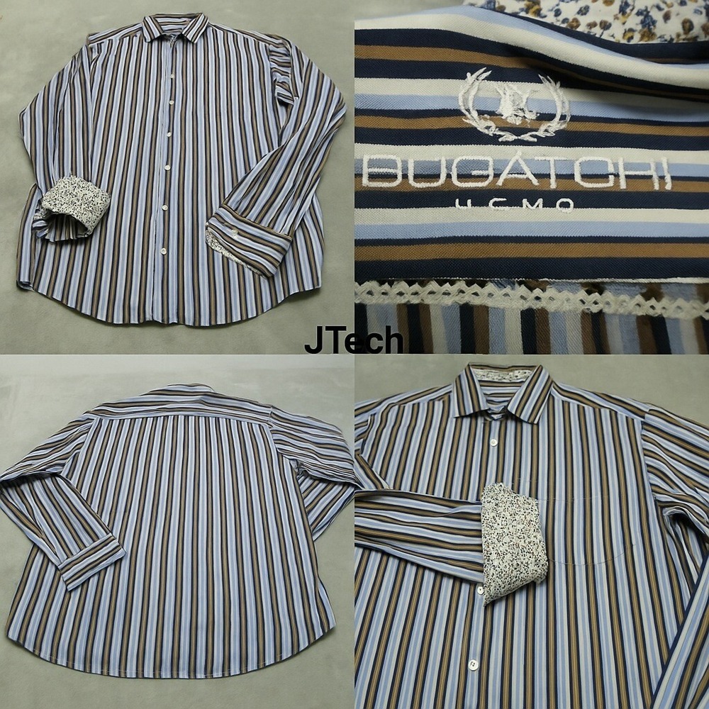 Bugatchi Flip Cuff Shirt Men Medium Blue Brown Striped Cotton Button Up Floral